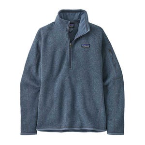 A blue quarter-zip fleece pullover with a zippered sleeve pocket and a small logo patch on the chest.