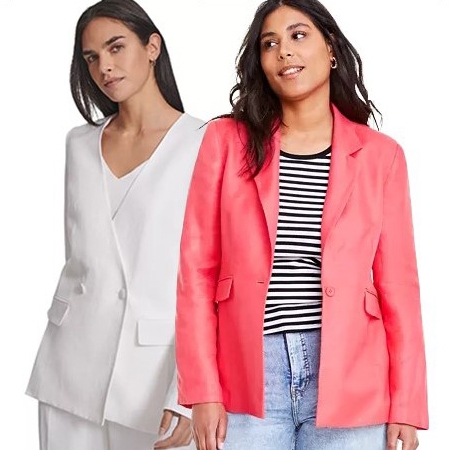 Two women showcasing blazers, one in white and the other in coral pink, paired with different outfits.