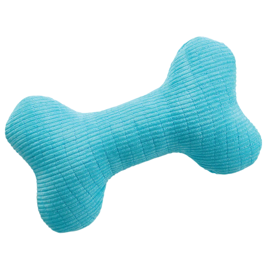A blue bone-shaped plush dog toy with a ribbed texture.