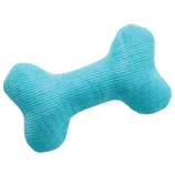 A blue bone-shaped plush dog toy with a ribbed texture.