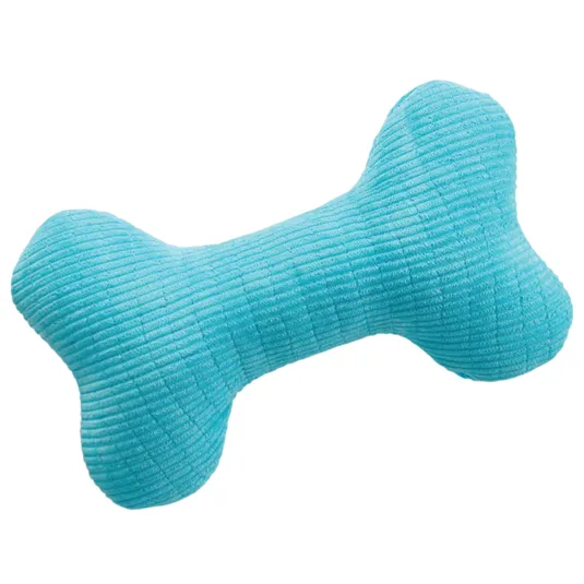 A blue bone-shaped plush dog toy with a ribbed texture.
