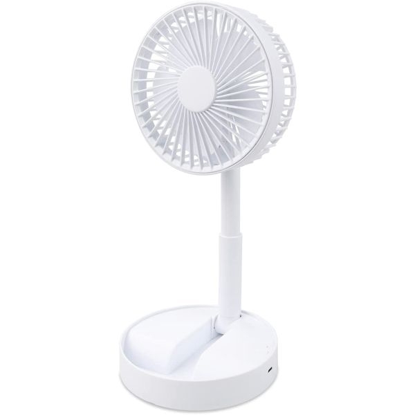 A white portable fan with a circular blade guard, vertical stand, and a broad base.