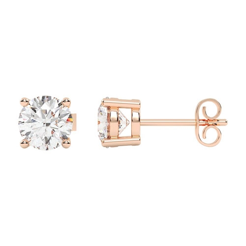 A pair of rose gold stud earrings featuring round-cut diamonds set in a four-prong setting with butterfly backings.