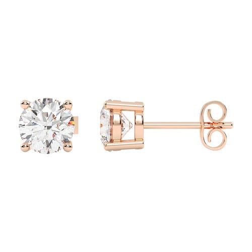 A pair of rose gold stud earrings featuring round-cut diamonds set in a four-prong setting with butterfly backings.