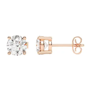 A pair of rose gold stud earrings featuring round-cut diamonds set in a four-prong setting with butterfly backings.