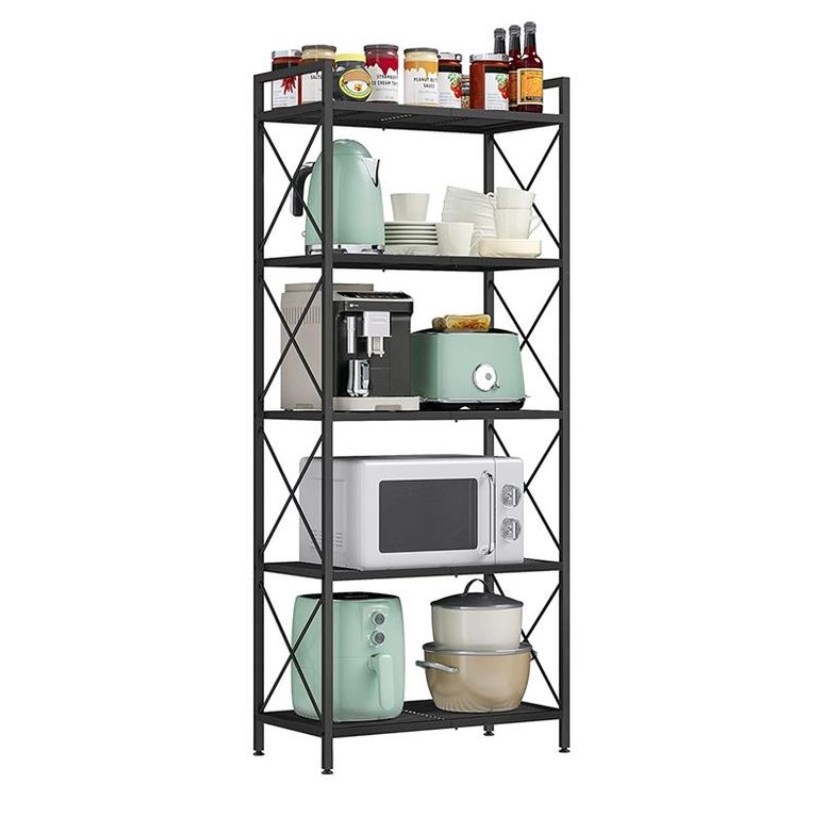 A black metal kitchen rack with five shelves holds jars, bottles, a kettle, a coffee machine, a toaster, a microwave, a mixer, and stacked cooking pots alongside dishes and cups.