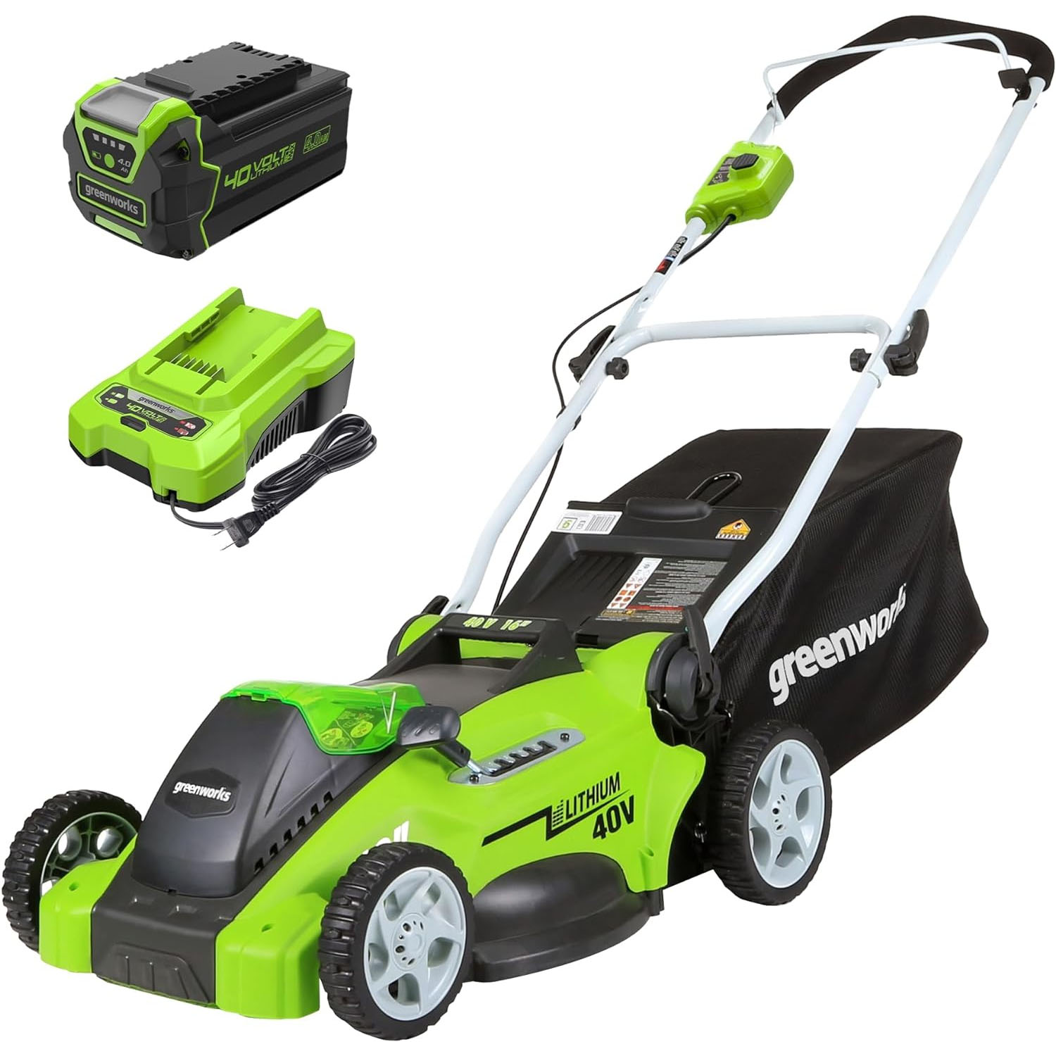 Greenworks 40V Rechargeable Mower includes a cordless electric lawnmower, a 40V lithium battery, and a charger. It features a lightweight design with adjustable cutting height and a grass collection bag.