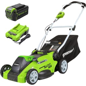 Greenworks 40V Rechargeable Mower includes a cordless electric lawnmower, a 40V lithium battery, and a charger. It features a lightweight design with adjustable cutting height and a grass collection bag.