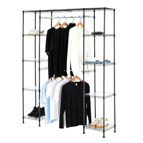 Freestanding metal wardrobe rack with multiple shelves and hanging rods, displaying clothes, shoes, and folded items.