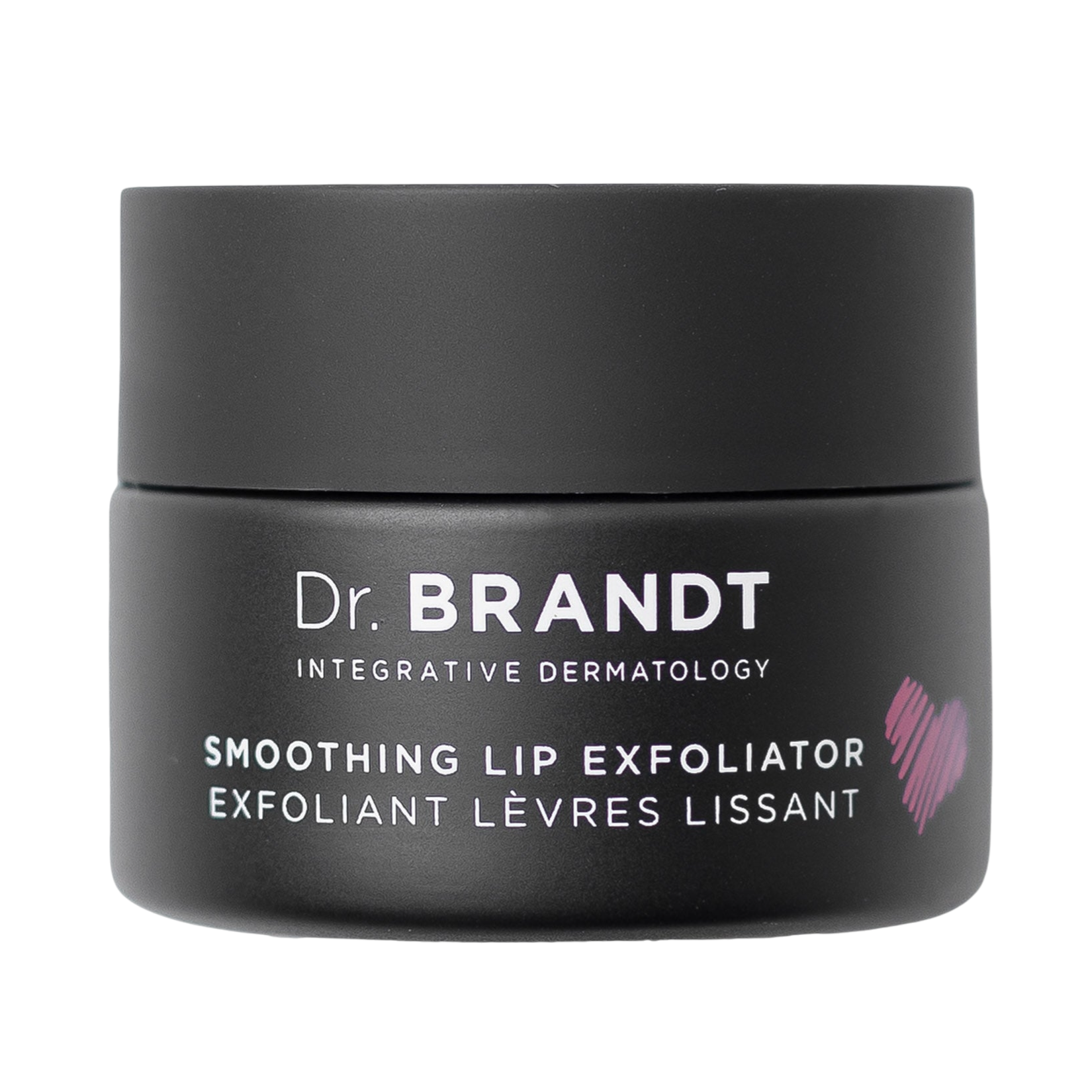 Dr. Brandt Integrative Dermatology Smoothing Lip Exfoliator in a black round container with a pink heart.