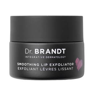 Dr. Brandt Integrative Dermatology Smoothing Lip Exfoliator in a black round container with a pink heart.