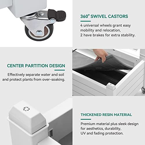 Mobile planter box with 360° swivel casters, center partition design, and made from thickened resin material for stability and durability.