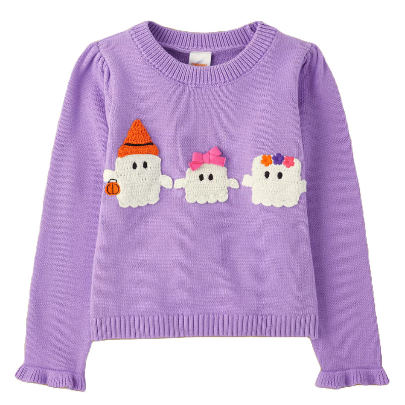 Purple sweater featuring three crocheted ghost designs, each with colorful accessories: one with an orange hat and pumpkin, one with a pink bow, and another with floral accents.