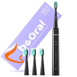 A black electric toothbrush with three replacement heads is shown, featuring a power button and charge indicator. The brand's packaging is visible in the background.