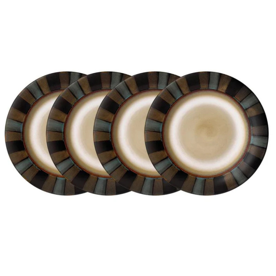 Set of four Pfaltzgraff salad plates featuring a beige center with a dark, striped rim in shades of brown and teal.