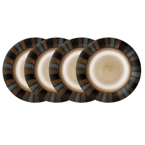 Set of four Pfaltzgraff salad plates featuring a beige center with a dark, striped rim in shades of brown and teal.