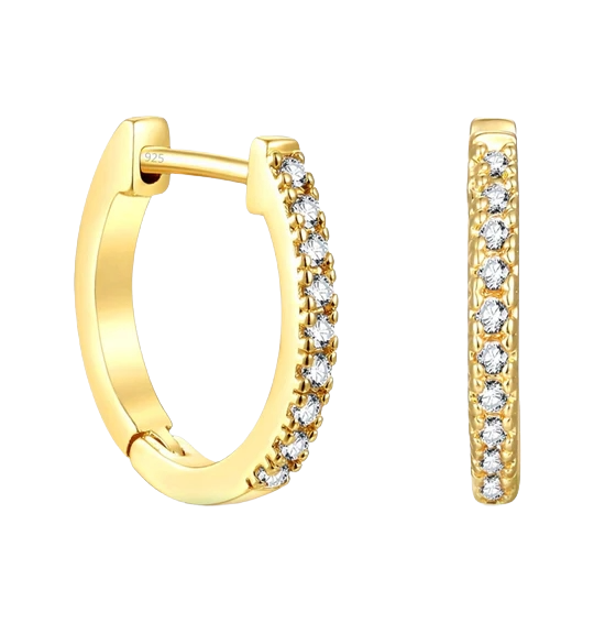 Gold hoop earrings with a row of embedded clear gemstones, featuring a hinge clasp and marked with \“925\“ for sterling silver.