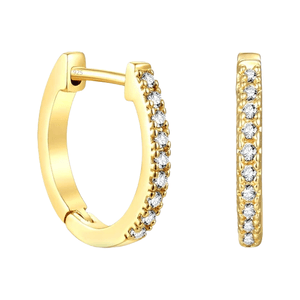 Gold hoop earrings with a row of embedded clear gemstones, featuring a hinge clasp and marked with \“925\“ for sterling silver.
