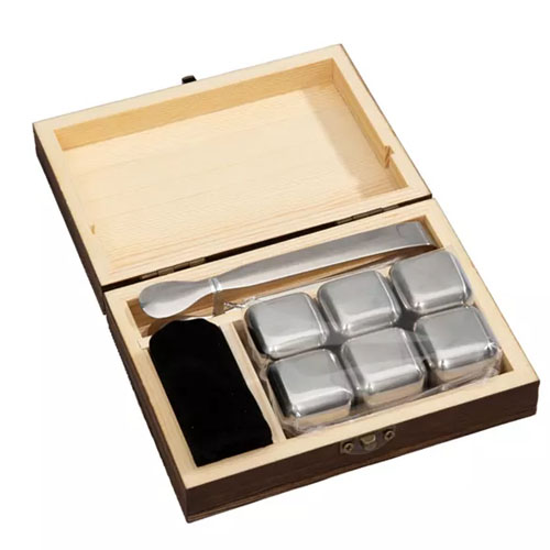 9-piece stainless steel whiskey stone set includes six chilling stones, a pair of tongs, and a velvet pouch, all housed in a wooden box for storage.
