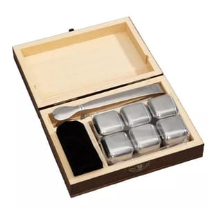 9-piece stainless steel whiskey stone set includes six chilling stones, a pair of tongs, and a velvet pouch, all housed in a wooden box for storage.