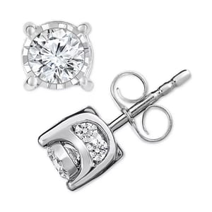 3/4ct TruMiracle Diamond Studs feature round diamonds set in white gold with a unique design that enhances brilliance. The studs have a secure push-back closure and visible side accents for added sparkle.