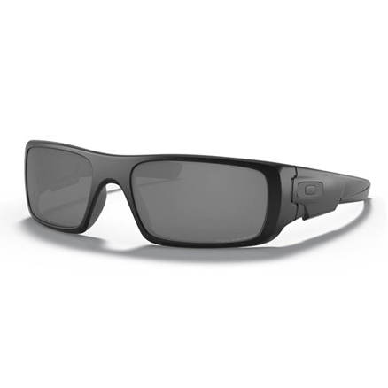 A pair of black wraparound sunglasses with rectangular lenses and a subtle logo on the temples.