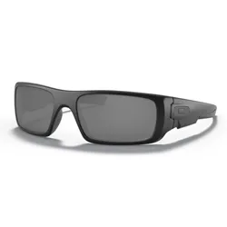 A pair of black wraparound sunglasses with rectangular lenses and a subtle logo on the temples.
