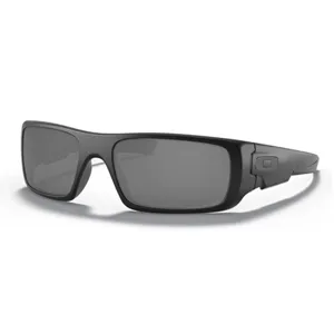 A pair of black wraparound sunglasses with rectangular lenses and a subtle logo on the temples.
