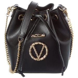 Black bucket bag with gold chain straps and gold circular emblem on front.