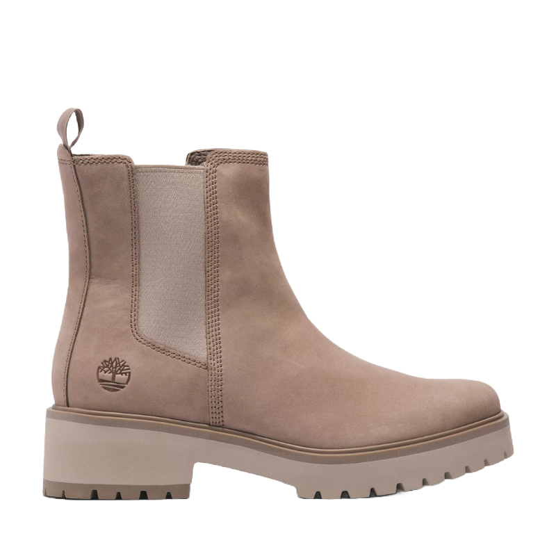 Beige suede Chelsea boots with elastic side panels, a pull-loop on the back, a stamped logo on the side, and a chunky, ridged sole.