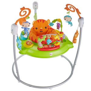 A Fisher-Price Jumperoo featuring a colorful jungle theme with toys, a lion seat, and an overhead toy bar, providing a secure and interactive space for a baby to sit and play.