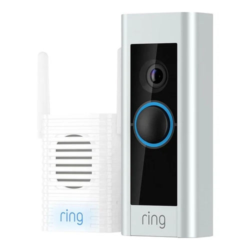 A Ring video doorbell beside a Ring chime extender.