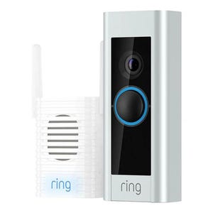A Ring video doorbell beside a Ring chime extender.