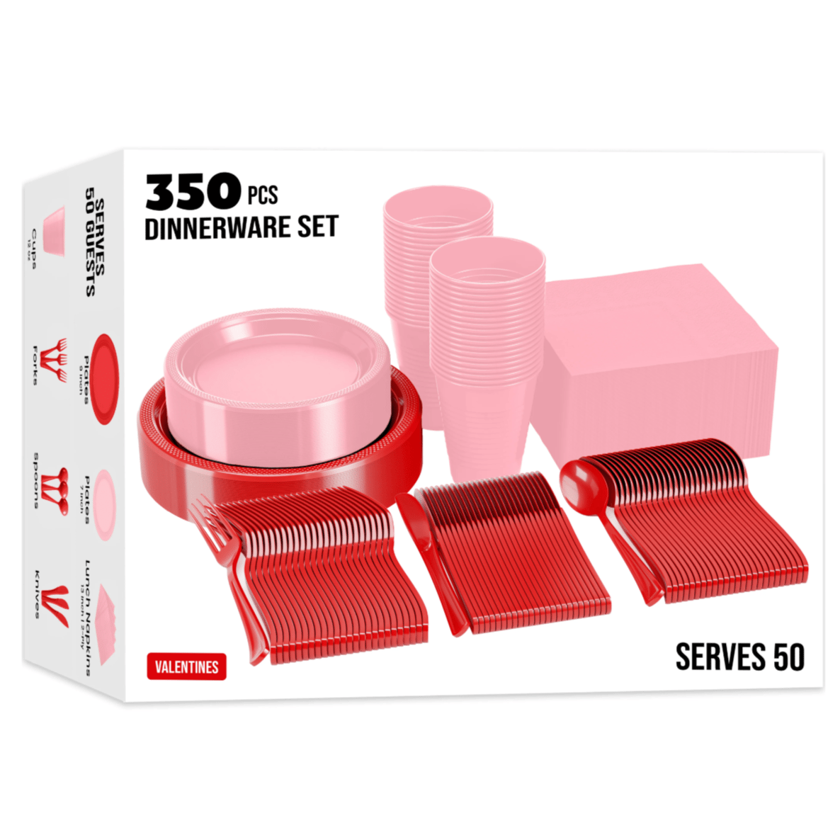Dinnerware set for 50 guests with 350 pieces, including plates, cups, napkins, forks, spoons, and knives in red and pink colors. Perfect for Valentine's events.