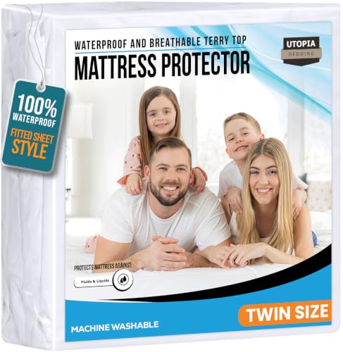 Utopia Bedding waterproof and breathable terry top mattress protector with fitted sheet style, twin size, and machine washable.