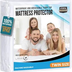 Utopia Bedding waterproof and breathable terry top mattress protector with fitted sheet style, twin size, and machine washable.