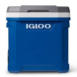 A blue Igloo cooler with a gray lid and white trim, designed for storing and transporting chilled items.
