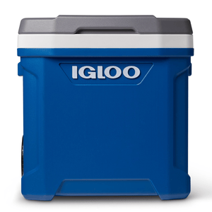 A blue Igloo cooler with a gray lid and white trim, designed for storing and transporting chilled items.