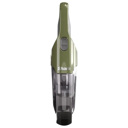 A Shark handheld vacuum cleaner in olive green with a transparent dust compartment and a control button on the front.