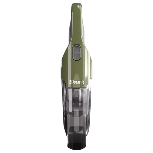 A Shark handheld vacuum cleaner in olive green with a transparent dust compartment and a control button on the front.