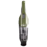 A Shark handheld vacuum cleaner in olive green with a transparent dust compartment and a control button on the front.