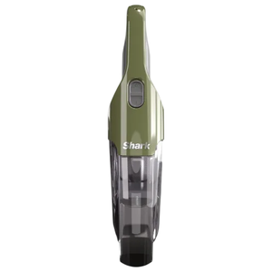 A Shark handheld vacuum cleaner in olive green with a transparent dust compartment and a control button on the front.