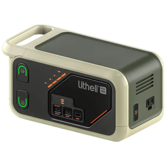 Portable power station with various input/output ports, including USB and AC, labeled \“litheli Flint 300\“.