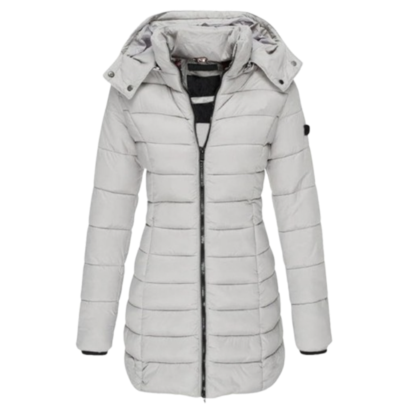 A light grey, hooded, quilted jacket with a zippered front and hip-length design, featuring long sleeves and a snap-button detail on the hood.