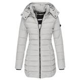 A light grey, hooded, quilted jacket with a zippered front and hip-length design, featuring long sleeves and a snap-button detail on the hood.