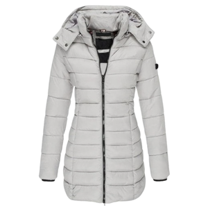 A light grey, hooded, quilted jacket with a zippered front and hip-length design, featuring long sleeves and a snap-button detail on the hood.