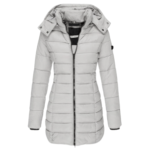 A light grey, hooded, quilted jacket with a zippered front and hip-length design, featuring long sleeves and a snap-button detail on the hood.