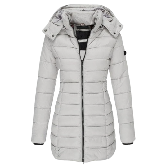 A light grey, hooded, quilted jacket with a zippered front and hip-length design, featuring long sleeves and a snap-button detail on the hood.