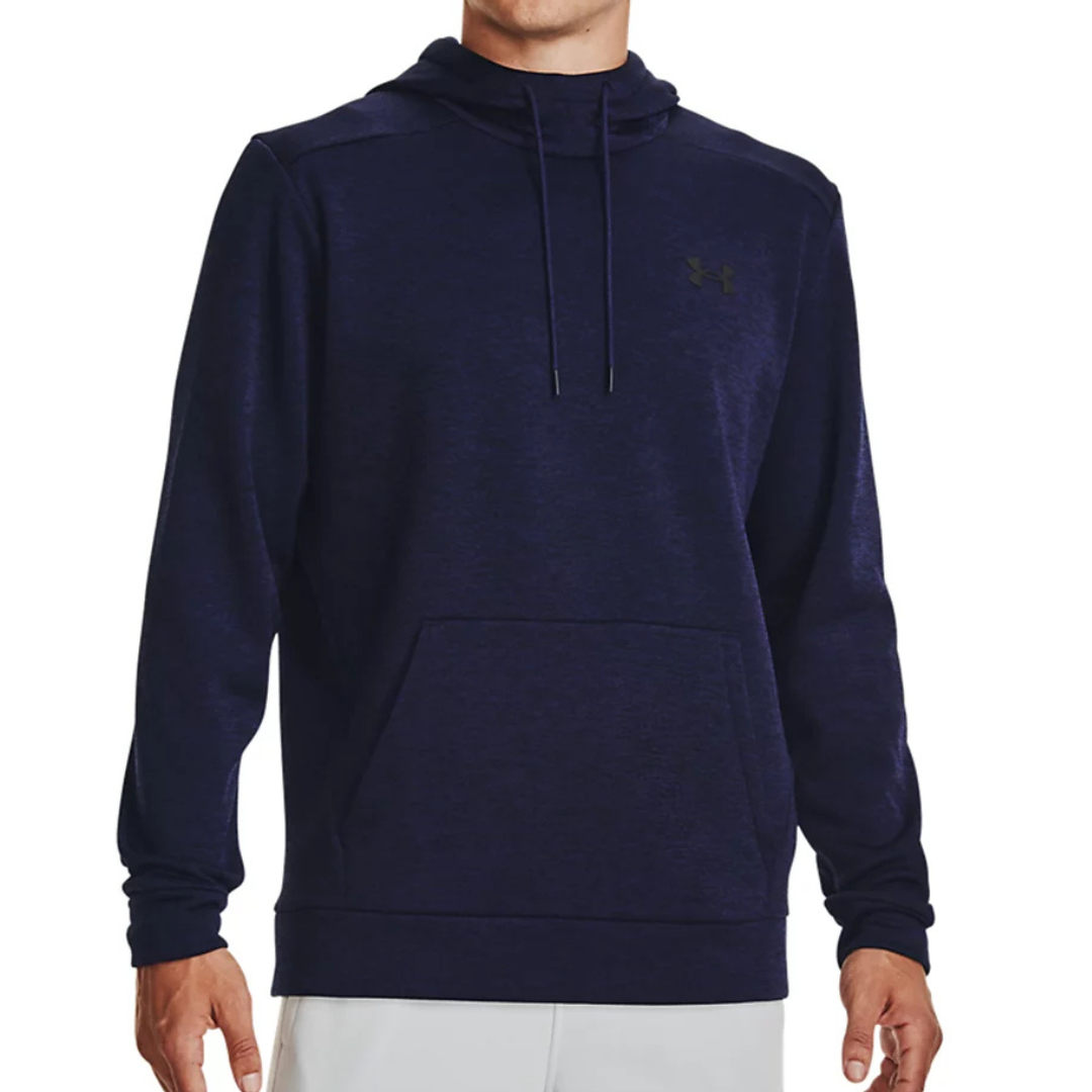 A navy blue hoodie with an adjustable drawstring hood, a front kangaroo pocket, and a subtle logo on the chest.