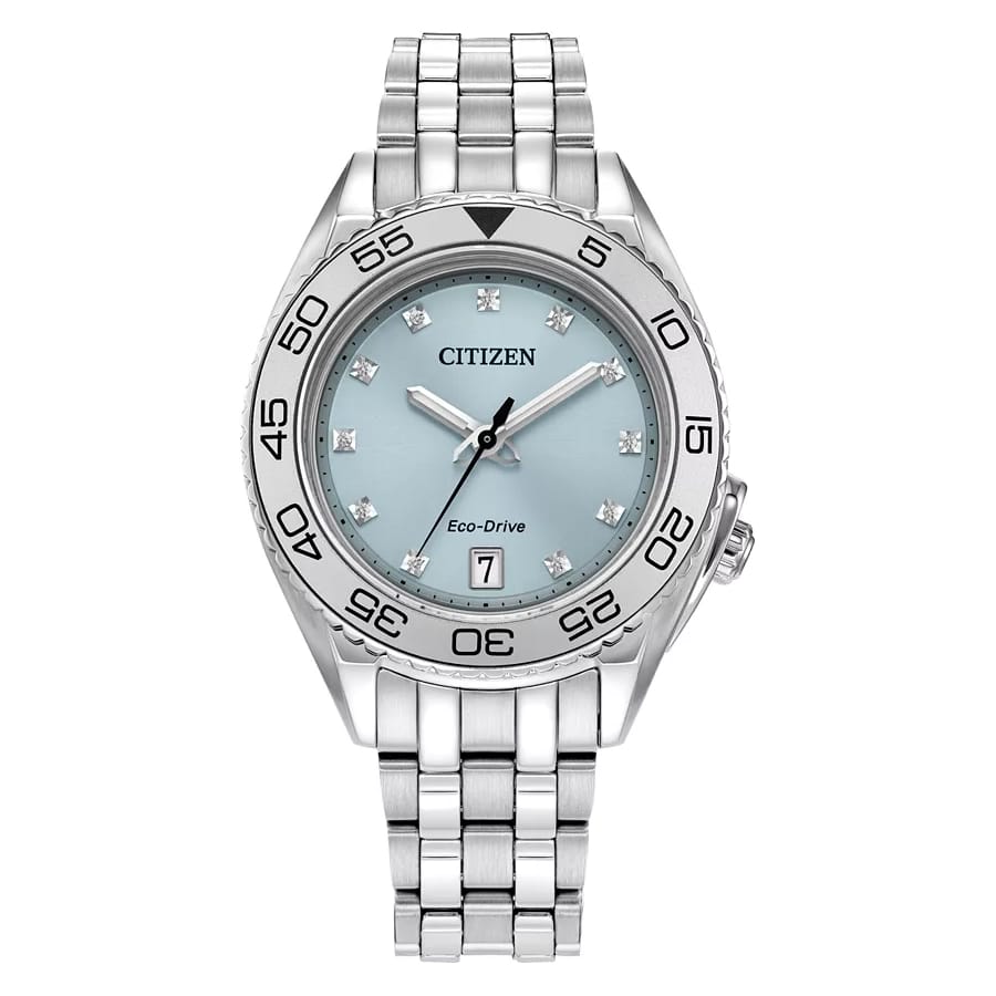 A women's Citizen watch with a pale blue face, diamond hour markers, a date display at the 3 o'clock position, and a silver-tone stainless steel band.